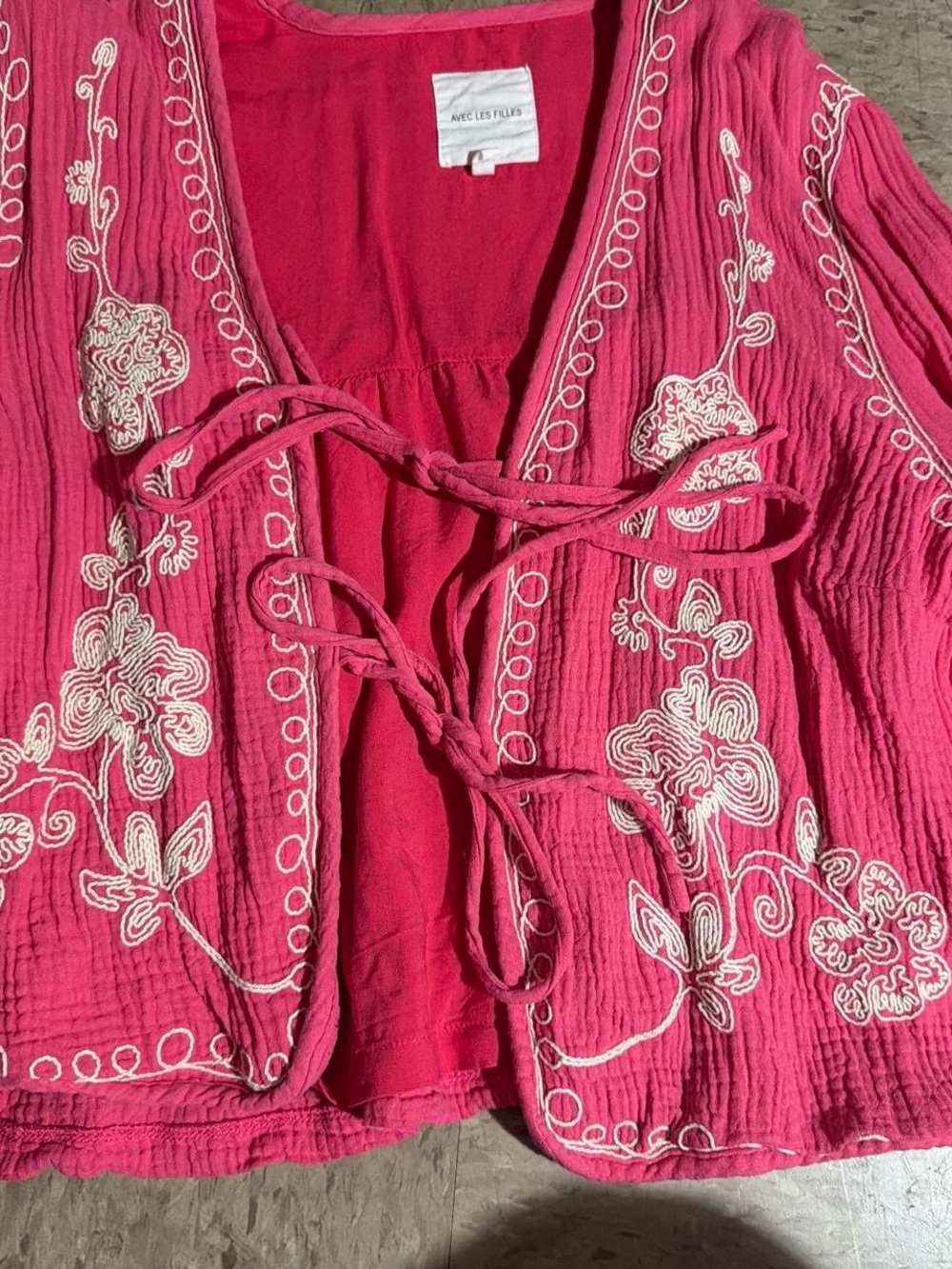 Avec Les Filles Hot Pink Embroidered Tie-Front Top